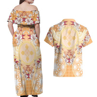 Hawaii Peach Palaka Couples Matching Off Shoulder Maxi Dress and Hawaiian Shirt With Tapa Pattern Tropical Flowers - Polynesian Pride