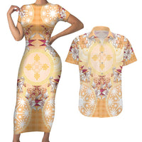 Hawaii Peach Palaka Couples Matching Short Sleeve Bodycon Dress and Hawaiian Shirt With Tapa Pattern Tropical Flowers - Polynesian Pride