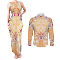 Hawaii Peach Palaka Couples Matching Tank Maxi Dress and Long Sleeve Button Shirt With Tapa Pattern Tropical Flowers - Polynesian Pride