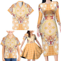 Hawaii Peach Palaka Family Matching Long Sleeve Bodycon Dress and Hawaiian Shirt With Tapa Pattern Tropical Flowers - Polynesian Pride