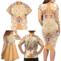 Hawaii Peach Palaka Family Matching Long Sleeve Bodycon Dress and Hawaiian Shirt With Tapa Pattern Tropical Flowers - Polynesian Pride