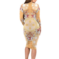 Hawaii Peach Palaka Family Matching Long Sleeve Bodycon Dress and Hawaiian Shirt With Tapa Pattern Tropical Flowers - Polynesian Pride