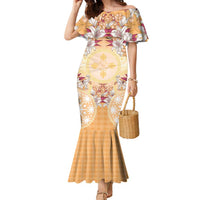 Hawaii Peach Palaka Family Matching Mermaid Dress and Hawaiian Shirt With Tapa Pattern Tropical Flowers - Polynesian Pride
