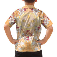 Hawaii Peach Palaka Family Matching Off Shoulder Short Dress and Hawaiian Shirt With Tapa Pattern Tropical Flowers - Polynesian Pride