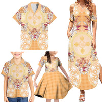 Hawaii Peach Palaka Family Matching Summer Maxi Dress and Hawaiian Shirt With Tapa Pattern Tropical Flowers - Polynesian Pride