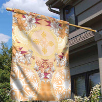 Hawaii Peach Palaka Garden Flag With Tapa Pattern Tropical Flowers - Polynesian Pride
