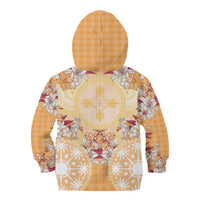 Hawaii Peach Palaka Kid Hoodie With Tapa Pattern Tropical Flowers - Polynesian Pride