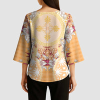 Hawaii Peach Palaka Kimono Sleeve Blouse With Tapa Pattern Tropical Flowers - Polynesian Pride