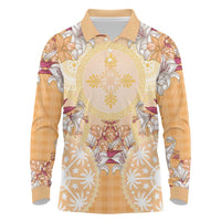 Hawaii Peach Palaka Long Sleeve Polo Shirt With Tapa Pattern Tropical Flowers - Polynesian Pride