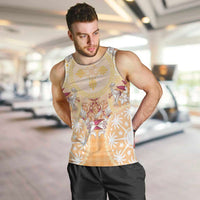 Hawaii Peach Palaka Men Tank Top With Tapa Pattern Tropical Flowers - Polynesian Pride