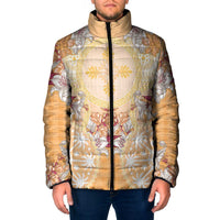 Hawaii Peach Palaka Padded Jacket With Tapa Pattern Tropical Flowers LT05 Men Peach - Polynesian Pride
