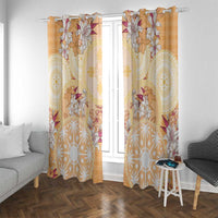 Hawaii Peach Palaka Window Curtain With Tapa Pattern Tropical Flowers - Polynesian Pride