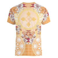 Hawaii Peach Palaka Women V-Neck T-Shirt With Tapa Pattern Tropical Flowers - Polynesian Pride