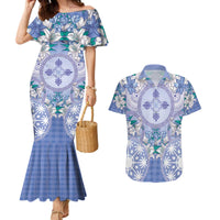 Hawaii Violet Palaka Couples Matching Mermaid Dress and Hawaiian Shirt With Tapa Pattern Tropical Flowers - Polynesian Pride