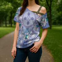 Hawaii Violet Palaka Cross Shoulder Shirt With Tapa Pattern Tropical Flowers - Polynesian Pride