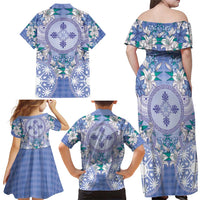Hawaii Violet Palaka Family Matching Off Shoulder Maxi Dress and Hawaiian Shirt With Tapa Pattern Tropical Flowers - Polynesian Pride