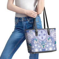 Hawaii Violet Palaka Leather Tote Bag With Tapa Pattern Tropical Flowers - Polynesian Pride