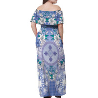 Hawaii Violet Palaka Off Shoulder Maxi Dress With Tapa Pattern Tropical Flowers LT05 - Polynesian Pride