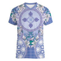 Hawaii Violet Palaka Women V-Neck T-Shirt With Tapa Pattern Tropical Flowers LT05 Female Violet - Polynesian Pride