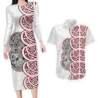 Aotearoa New Zealand Couples Matching Long Sleeve Bodycon Dress and Hawaiian Shirt Maori Marae Pattern Tiki LT05 White - Polynesian Pride