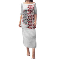 Aotearoa New Zealand Family Matching Puletasi Dress and Hawaiian Shirt Maori Marae Pattern Tiki LT05 Mom's Dress White - Polynesian Pride