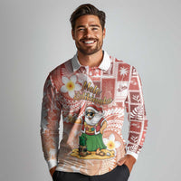 Hawaii Mele Kalikimaka Long Sleeve Polo Shirt Hula Santa Retro Style Red LT05 - Polynesian Pride