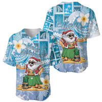 Hawaii Mele Kalikimaka Baseball Jersey Hula Santa Retro Style Blue - Polynesian Pride