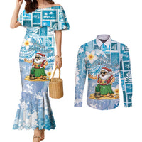 Hawaii Mele Kalikimaka Couples Matching Mermaid Dress and Long Sleeve Button Shirt Hula Santa Retro Style Blue - Polynesian Pride