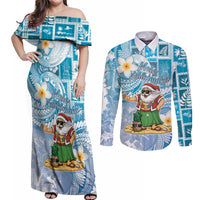 Hawaii Mele Kalikimaka Couples Matching Off Shoulder Maxi Dress and Long Sleeve Button Shirt Hula Santa Retro Style Blue - Polynesian Pride