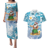Hawaii Mele Kalikimaka Couples Matching Puletasi and Hawaiian Shirt Hula Santa Retro Style Blue - Polynesian Pride