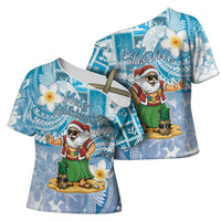 Hawaii Mele Kalikimaka Cross Shoulder Shirt Hula Santa Retro Style Blue - Polynesian Pride