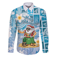 Hawaii Mele Kalikimaka Family Matching Long Sleeve Bodycon Dress and Hawaiian Shirt Hula Santa Retro Style Blue - Polynesian Pride