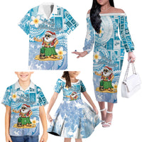 Hawaii Mele Kalikimaka Family Matching Off The Shoulder Long Sleeve Dress and Hawaiian Shirt Hula Santa Retro Style Blue - Polynesian Pride