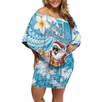 Hawaii Mele Kalikimaka Family Matching Off Shoulder Short Dress and Hawaiian Shirt Hula Santa Retro Style Blue - Polynesian Pride