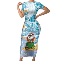 Hawaii Mele Kalikimaka Family Matching Short Sleeve Bodycon Dress and Hawaiian Shirt Hula Santa Retro Style Blue - Polynesian Pride