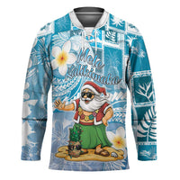 Hawaii Mele Kalikimaka Hockey Jersey Hula Santa Retro Style Blue LT05 Unisex Blue - Polynesian Pride