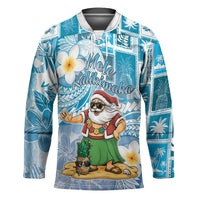Hawaii Mele Kalikimaka Hockey Jersey Hula Santa Retro Style Blue - Polynesian Pride