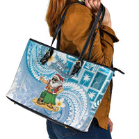 Hawaii Mele Kalikimaka Leather Tote Bag Hula Santa Retro Style Blue - Polynesian Pride