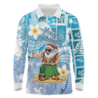 Hawaii Mele Kalikimaka Long Sleeve Polo Shirt Hula Santa Retro Style Blue LT05 Blue - Polynesian Pride