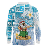 Hawaii Mele Kalikimaka Long Sleeve Polo Shirt Hula Santa Retro Style Blue LT05 - Polynesian Pride