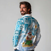 Hawaii Mele Kalikimaka Long Sleeve Polo Shirt Hula Santa Retro Style Blue LT05 - Polynesian Pride
