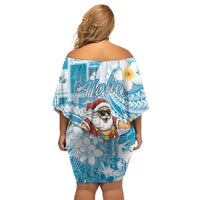 Hawaii Mele Kalikimaka Off Shoulder Short Dress Hula Santa Retro Style Blue - Polynesian Pride