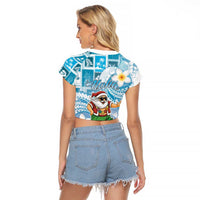Hawaii Mele Kalikimaka Raglan Cropped T Shirt Hula Santa Retro Style Blue LT05 - Polynesian Pride