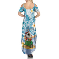Hawaii Mele Kalikimaka Summer Maxi Dress Hula Santa Retro Style Blue - Polynesian Pride