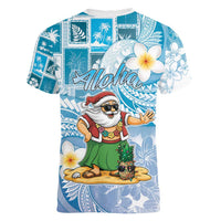 Hawaii Mele Kalikimaka Women V-Neck T-Shirt Hula Santa Retro Style Blue - Polynesian Pride