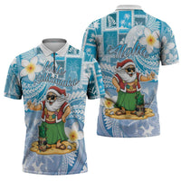 Hawaii Mele Kalikimaka Zipper Polo Shirt Hula Santa Retro Style Blue - Polynesian Pride