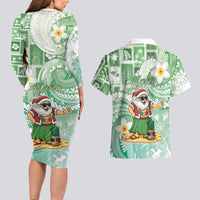 Hawaii Mele Kalikimaka Couples Matching Long Sleeve Bodycon Dress and Hawaiian Shirt Hula Santa Retro Style Green - Polynesian Pride