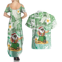 Hawaii Mele Kalikimaka Couples Matching Summer Maxi Dress and Hawaiian Shirt Hula Santa Retro Style Green - Polynesian Pride