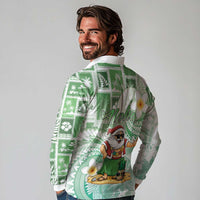 Hawaii Mele Kalikimaka Long Sleeve Polo Shirt Hula Santa Retro Style Green LT05 - Polynesian Pride