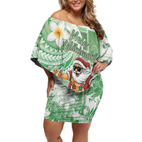 Hawaii Mele Kalikimaka Off Shoulder Short Dress Hula Santa Retro Style Green - Polynesian Pride